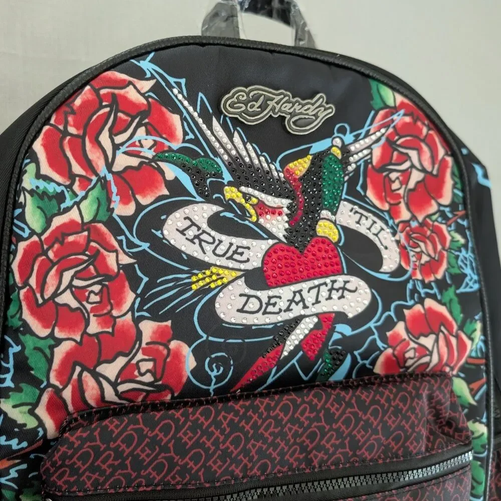 Ed Hardy True Til Death Tattoo Print Rhinestone Faux Leather Backpack NEW!